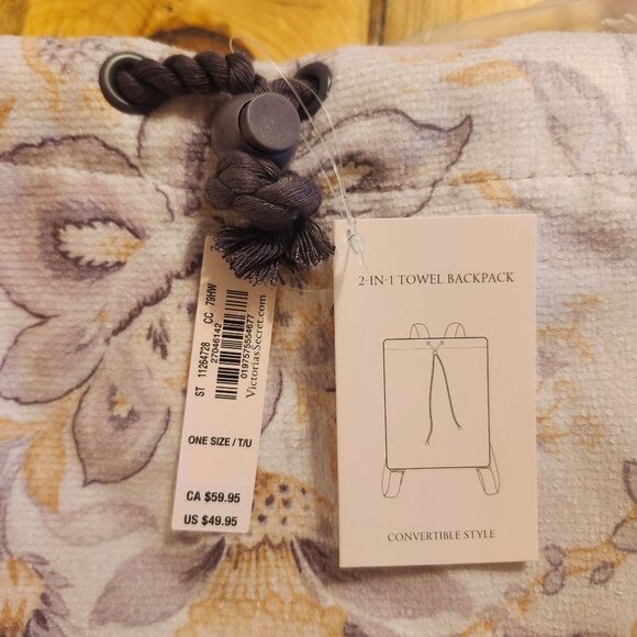 Victoria’s Secret Packable Beach Blanket Backpack Purple Floral Terry Cloth Tote - Picture 6 of 10